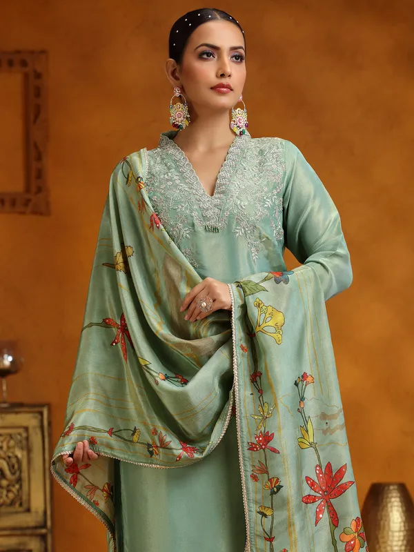 Pista green silk salwar suit with printed dupatta