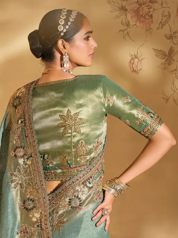 Pista green silk saree with zardosi work