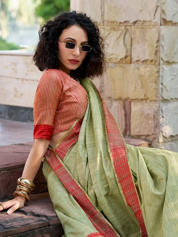 Pista green silk saree with zari work