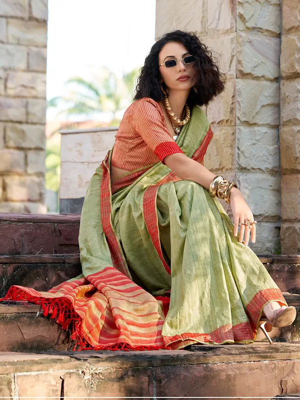 Pista green silk saree with zari work