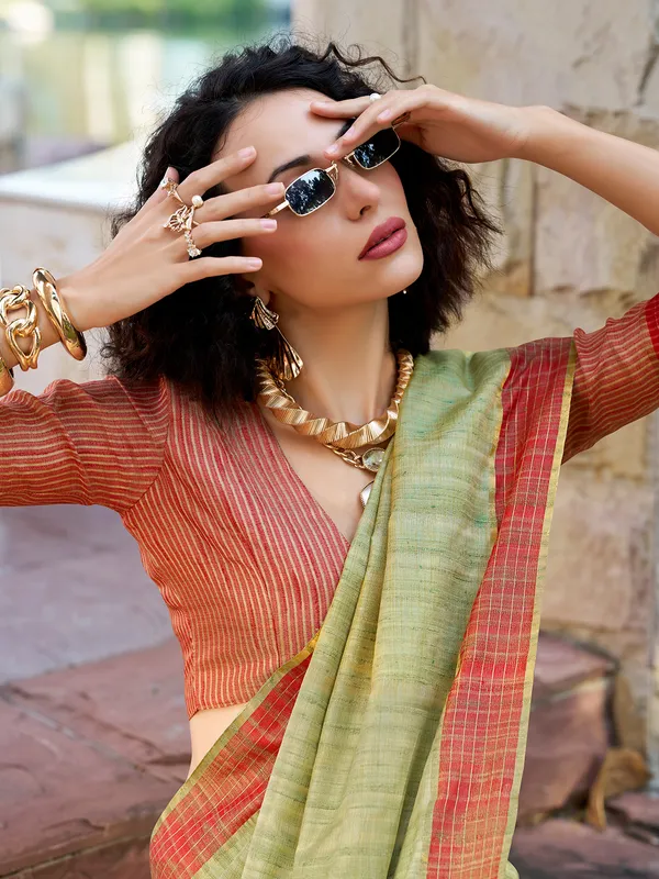 Pista green silk saree with zari work