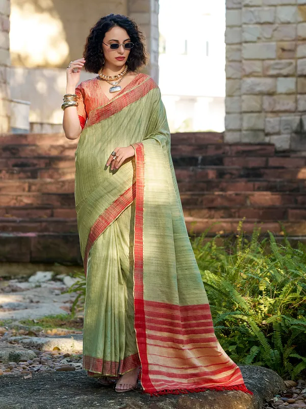 Pista green silk saree with zari work