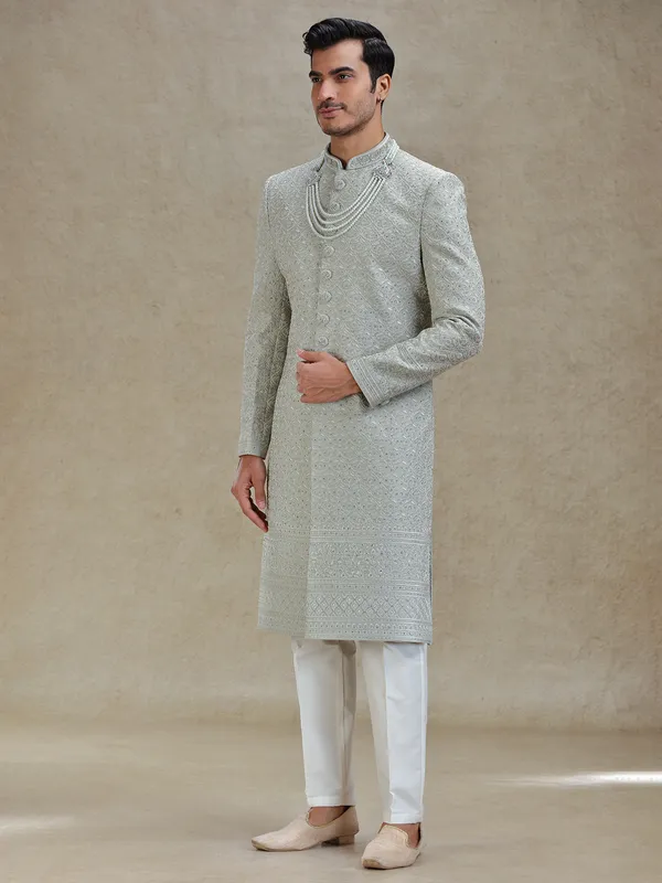 Pista green silk sherwani for wedding