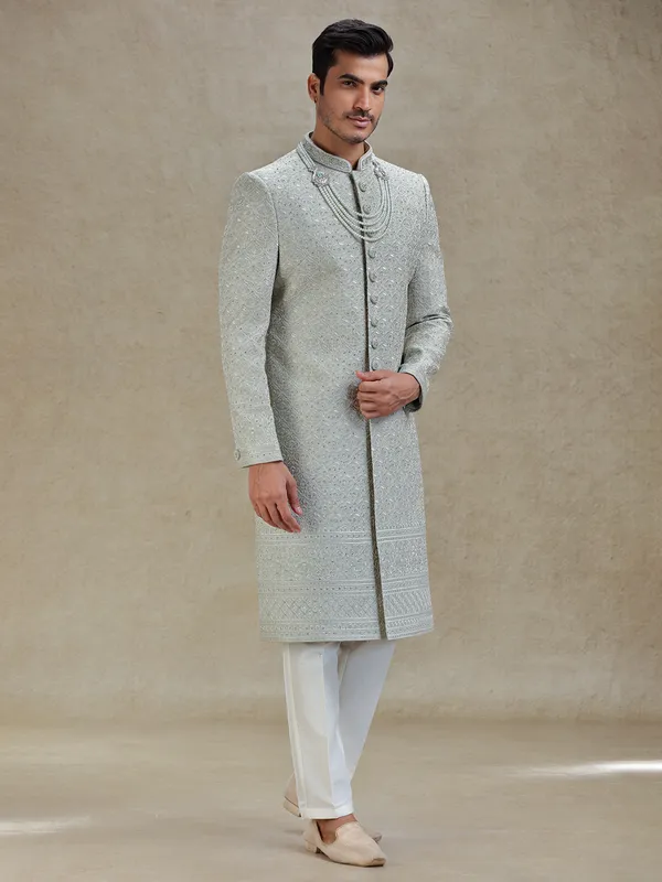 Pista green silk sherwani for wedding