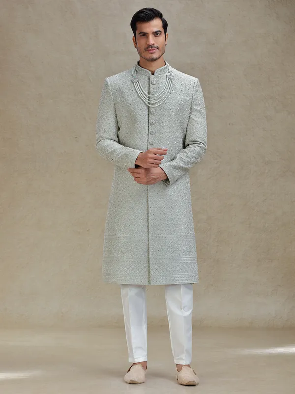 Pista green silk sherwani for wedding