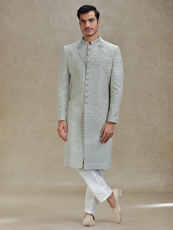 Pista green silk sherwani for wedding