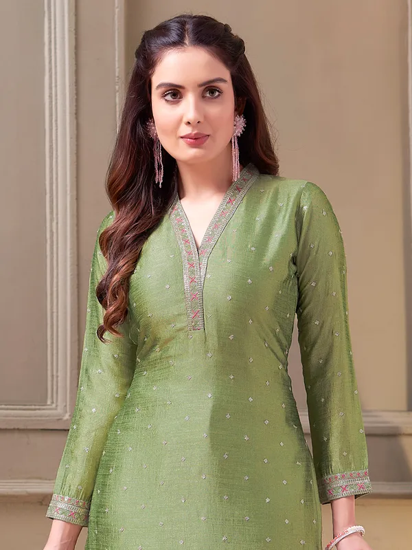 Pista green silk straight cut salwar suit