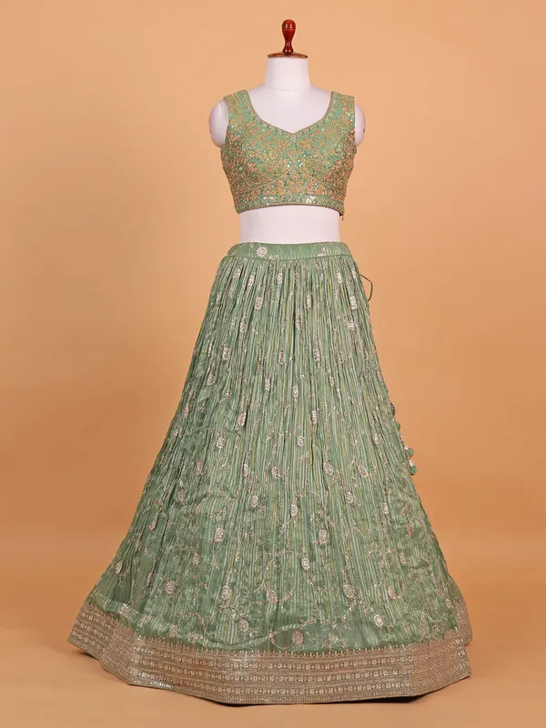 Pista green silk striped lehenga choli for women