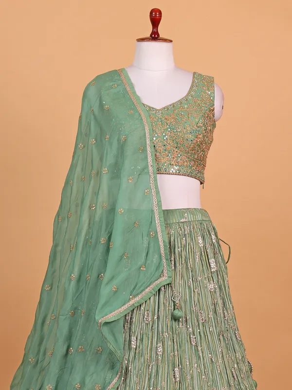 Pista green silk striped lehenga choli for women