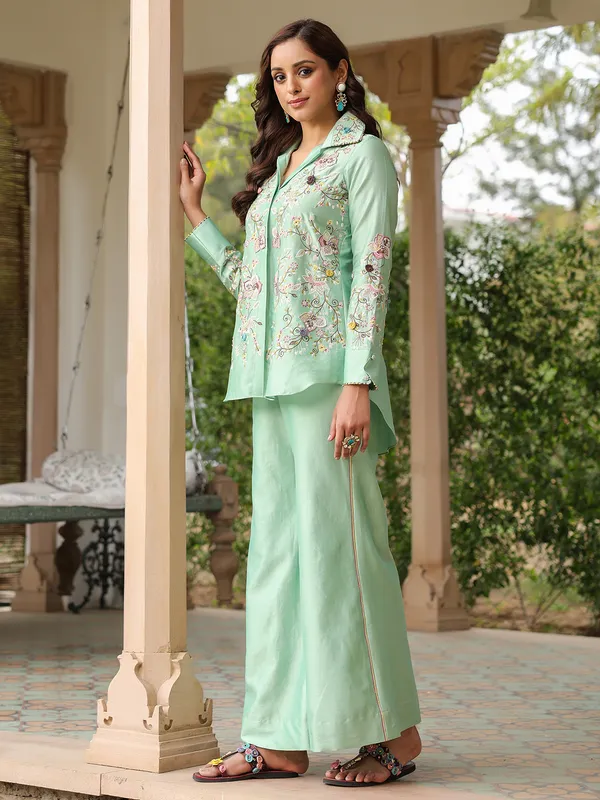 Pista green silk tencel pakistani co-ord set