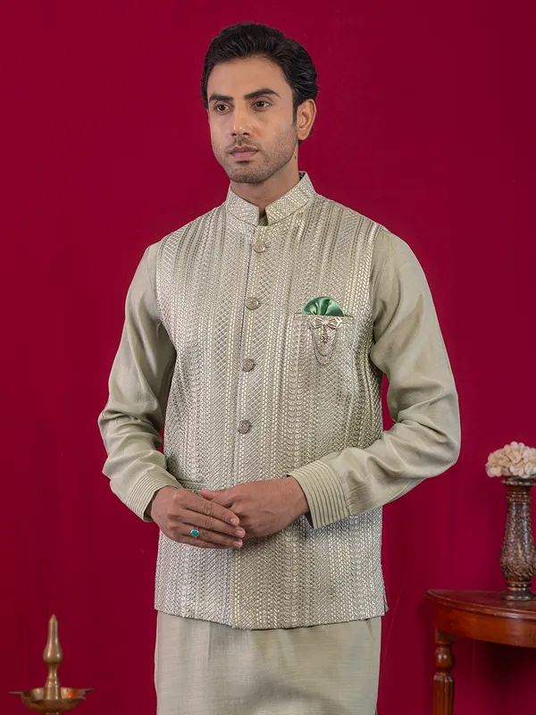 Pista green silk waistcoat set for men