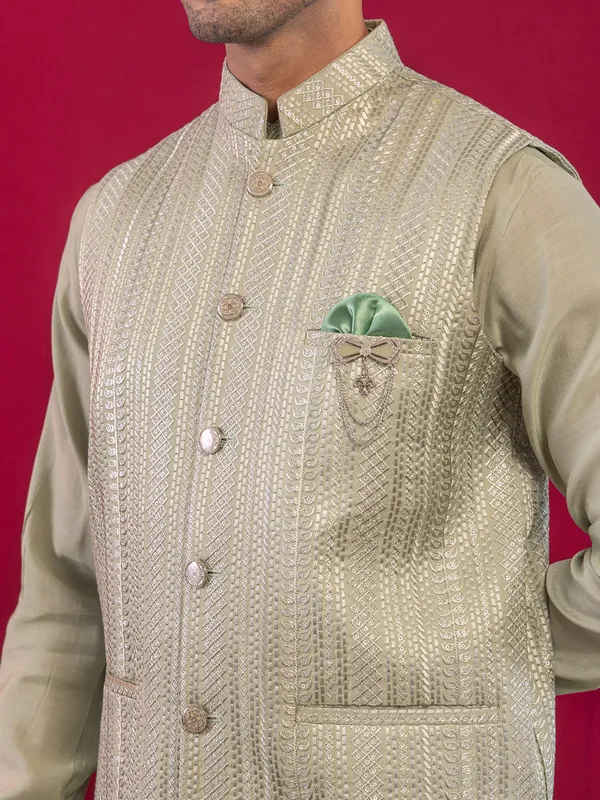 Pista green silk waistcoat set for men