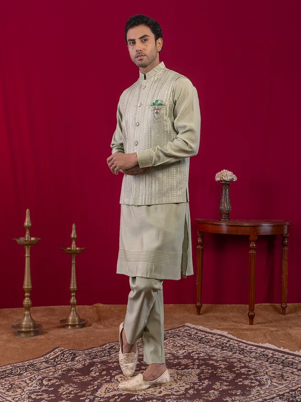 Pista green silk waistcoat set for men