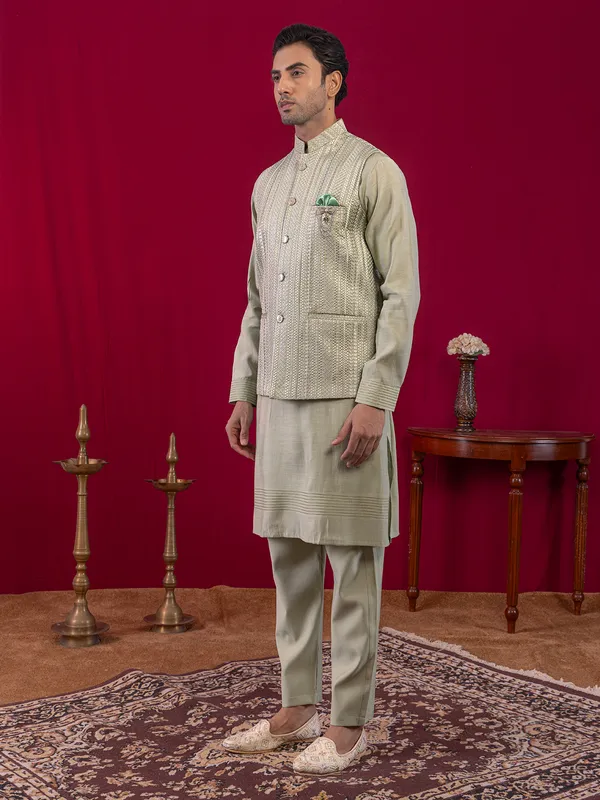 Pista green silk waistcoat set for men