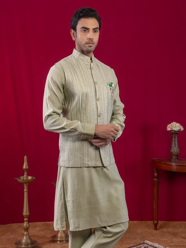 Pista green silk waistcoat set for men