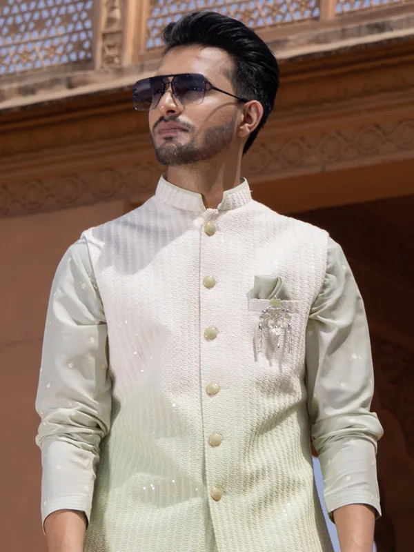 Pista green silk wedding wear waistcoat set