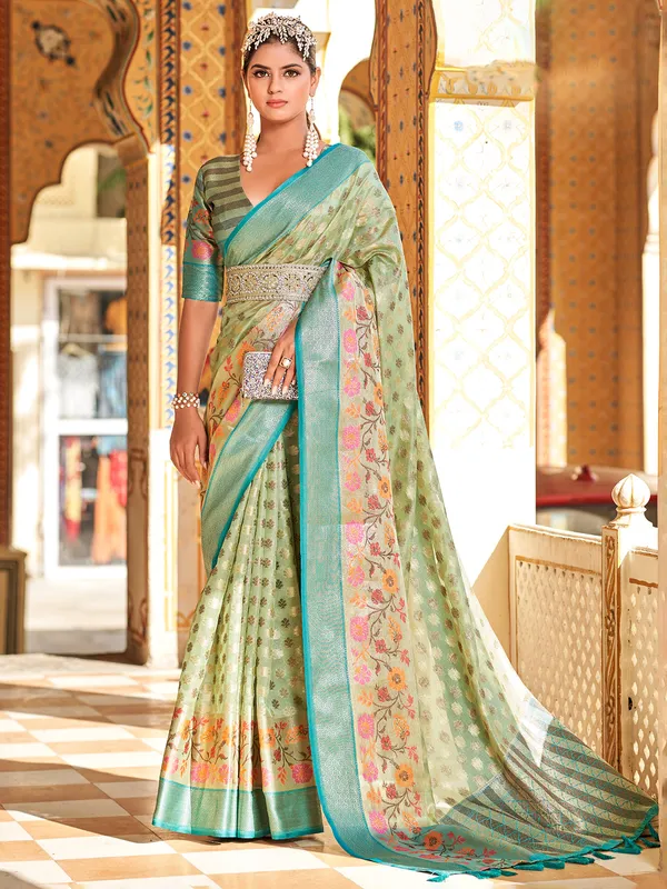 Pista green silk zari weaving saree