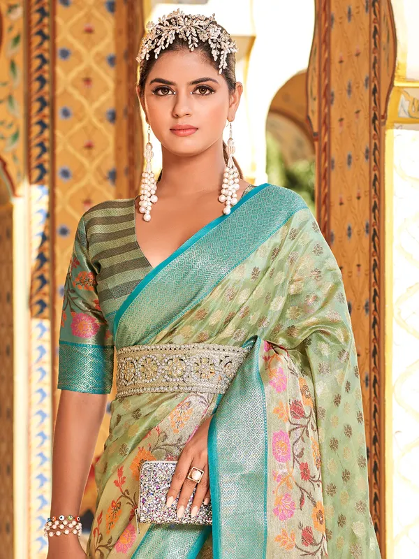 Pista green silk zari weaving saree