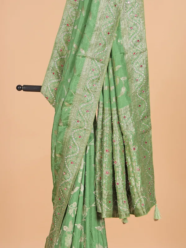 Pista green silk zari weaving saree for women