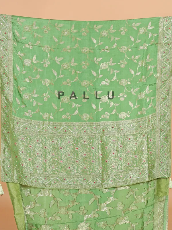 Pista green silk zari weaving saree for women