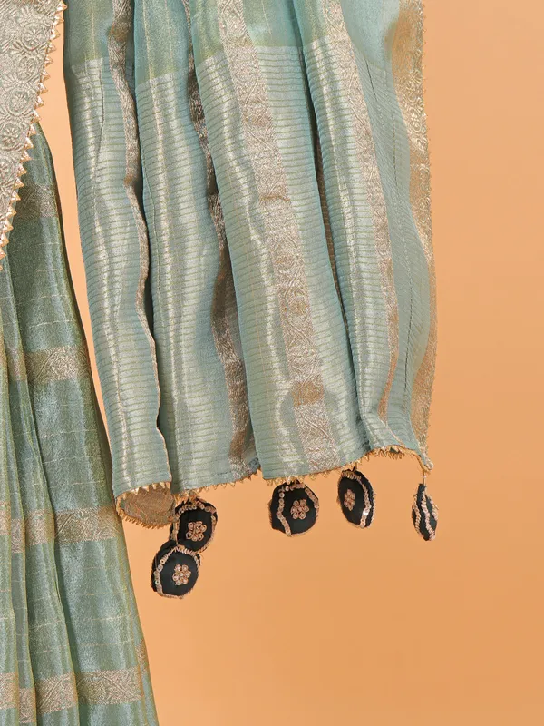Pista green soft organza saree with ready made blouse