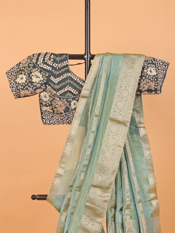 Pista green soft organza saree with ready made blouse