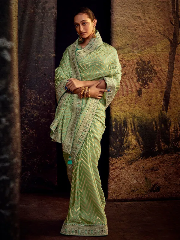 Pista green soft silk zig zag saree