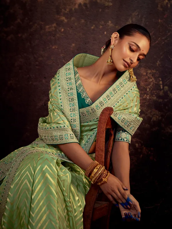 Pista green soft silk zig zag saree