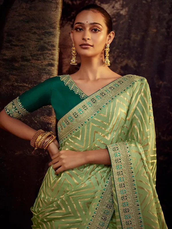 Pista green soft silk zig zag saree