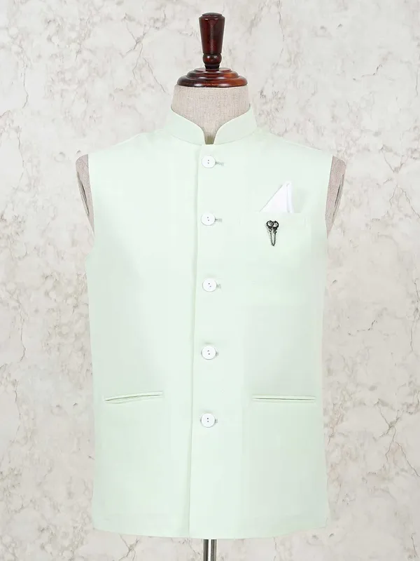 Pista green solid party function cotton silk waistcoat