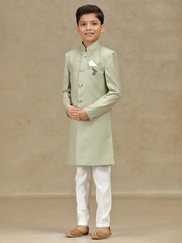 Pista green terry rayon indowestern for boys