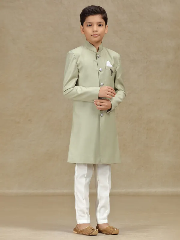 Pista green terry rayon indowestern for boys