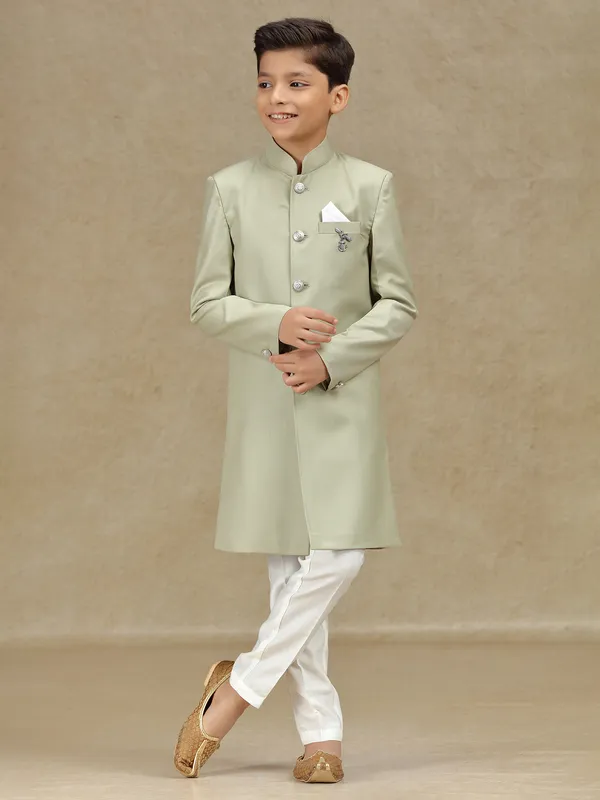 Pista green terry rayon indowestern for boys