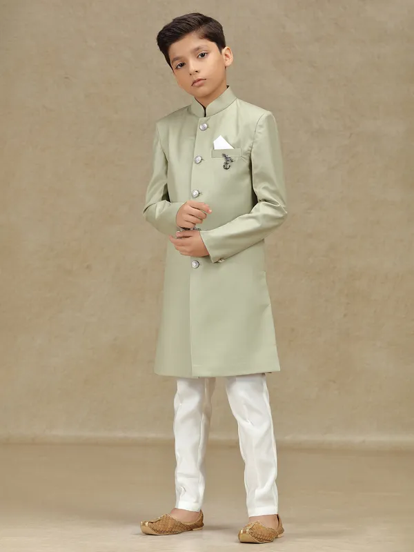 Pista green terry rayon indowestern for boys