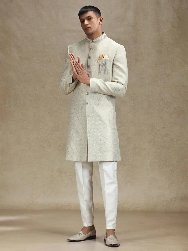 Pista green textured jacquard zari weaved indo western
