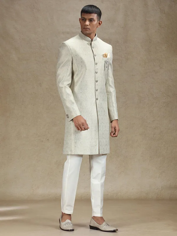 Pista green textured jacquard zari weaved indo western