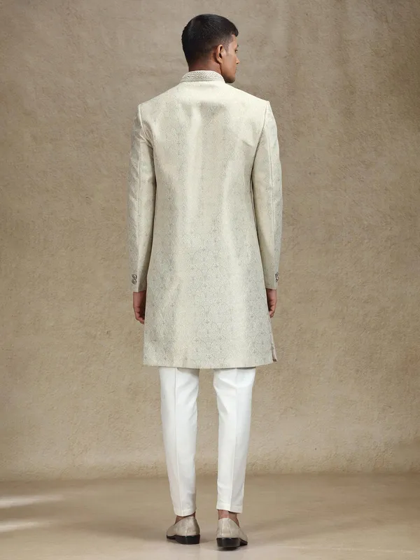 Pista green textured jacquard zari weaved indo western