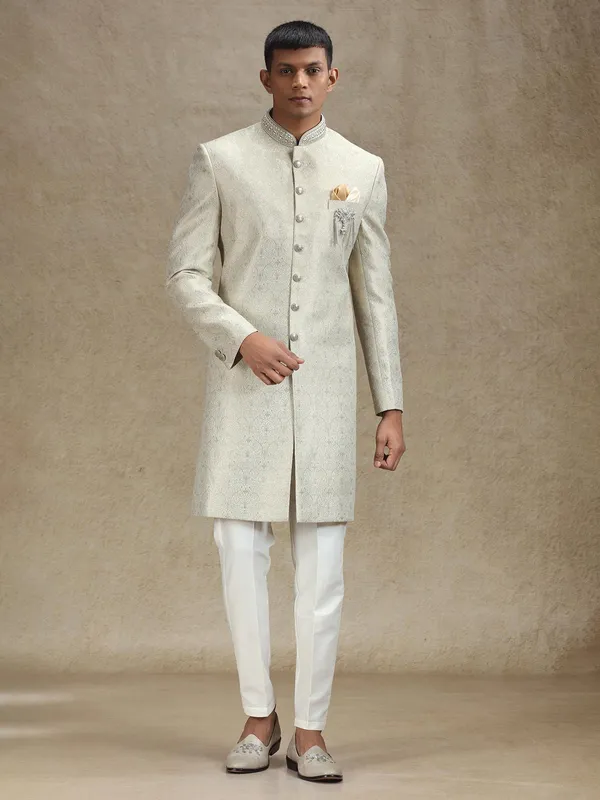 Pista green textured jacquard zari weaved indo western