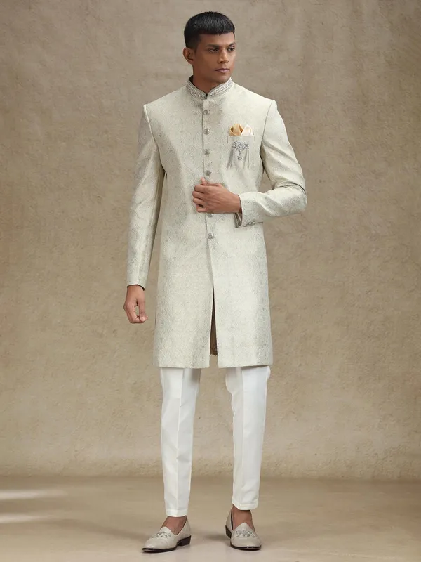 Pista green textured jacquard zari weaved indo western