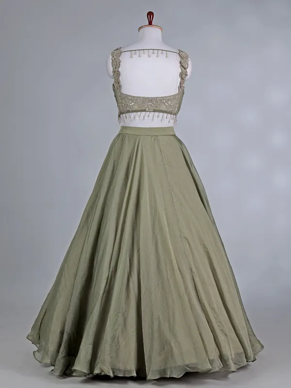 Pista green tissue organza lehenga choli with resham work