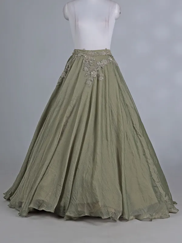 Pista green tissue organza lehenga choli with resham work