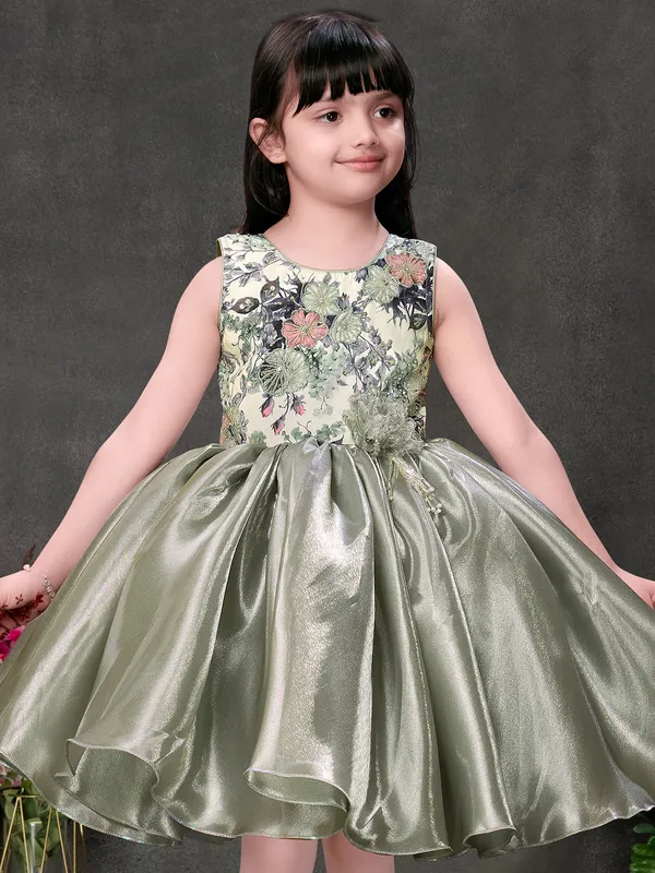 Pista green tissue silk frock with cutdana and sequins work