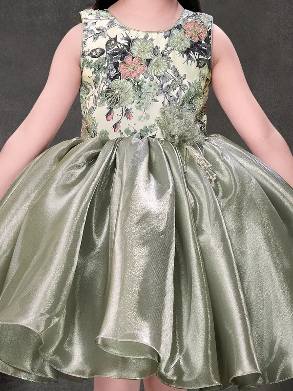 Pista green tissue silk frock with cutdana and sequins work