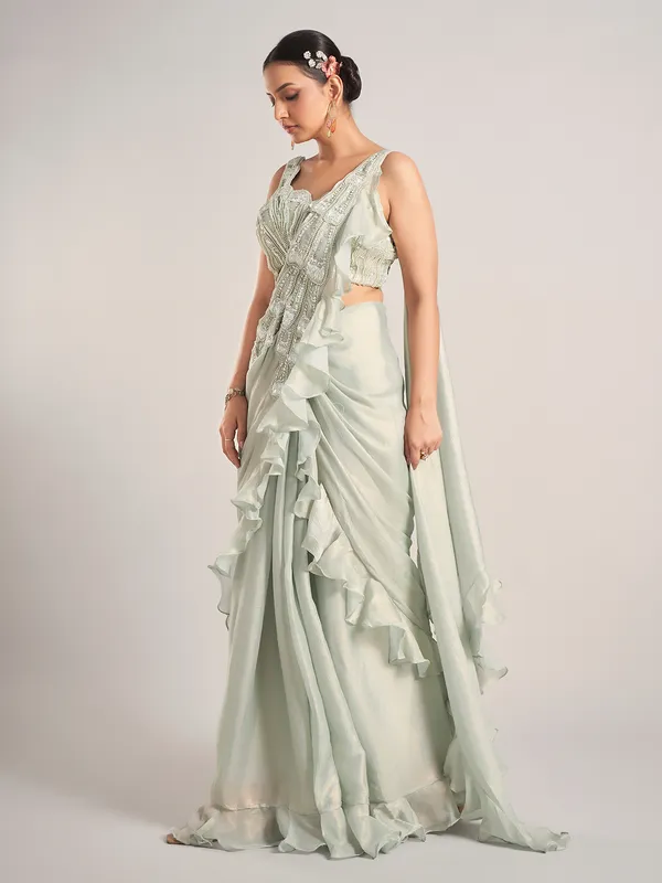 Pista green tissue silk party saree