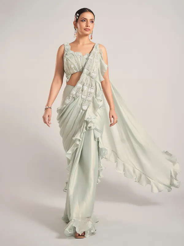 Pista green tissue silk party saree