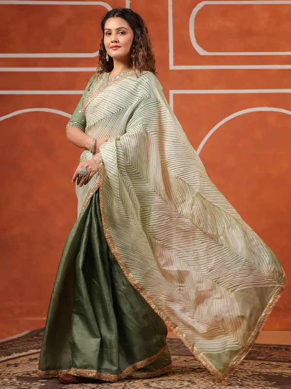 Pista green wedding style tusser silk saree