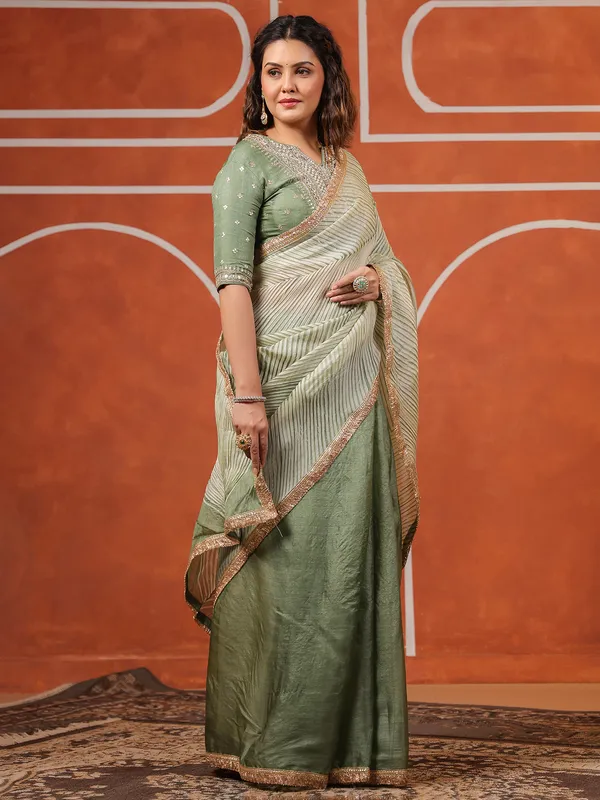 Pista green wedding style tusser silk saree