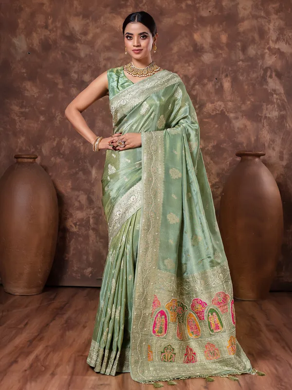 Pista green wedding wear saree intissue silk