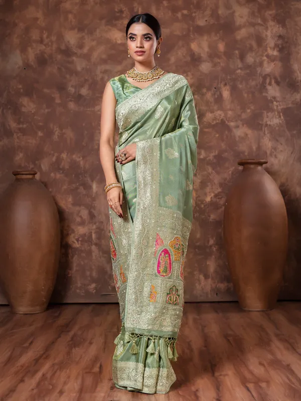 Pista green wedding wear saree intissue silk
