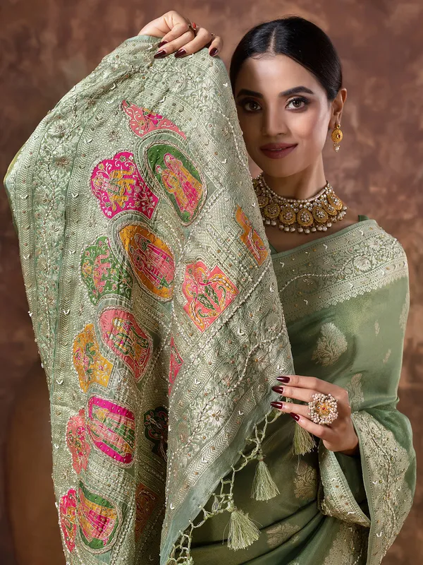Pista green wedding wear saree intissue silk